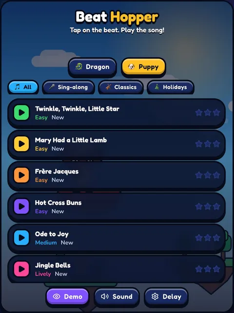 Choose a level, the daily challenge or a song
